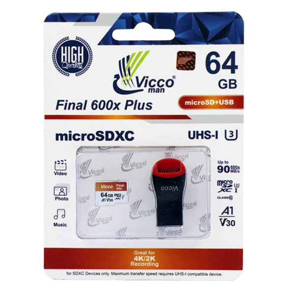 کارت حافظه MicroSD ویکومن 600X ظرفیت 64 گیگابایت U3 به همراه کارتخوان