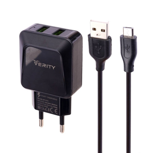شارژر دیواری Verity مدل 2121 فست شارژ به همراه کابل شارژ micro usb