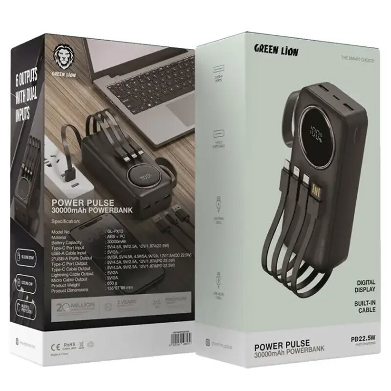 پاوربانک Green Lion ظرفیت 30000 فست شارژ 22.5W مدل Power Pulse GL-PX13