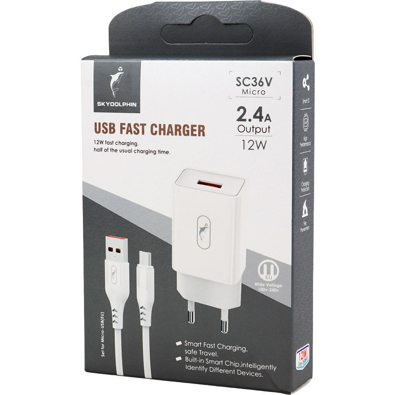 شارژر دیواری فست شارژ 12 وات SkyDolphin مدل SC36V با کابل Micro