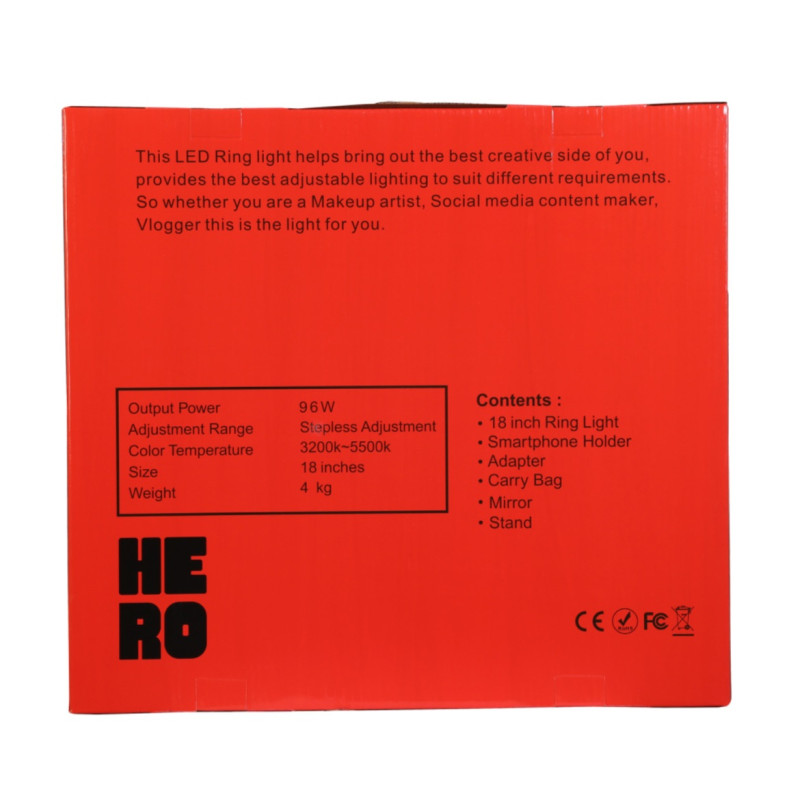 رینگ لایت 18 اینچ هرو HERO 96W با آینه و کیف